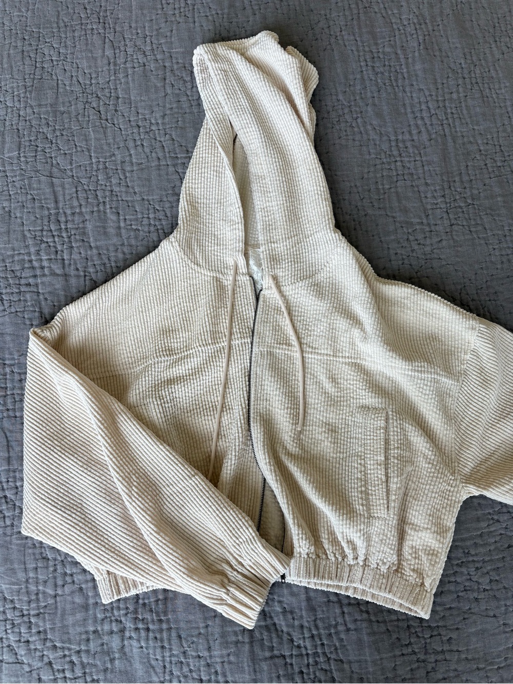 Cream Waffle Knit Hooded Zip Jacket